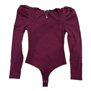 Reoria Womens Maroon ribbed puff sleeve bodysuit thong NEW Large Layering flatte